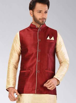 Red dupon art silk nehru jacket with pipepin work 1