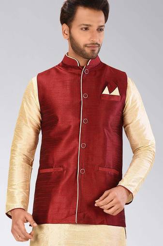 Red dupon art silk nehru jacket with pipepin work