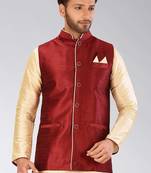 Red dupon art silk nehru jacket with pipepin work