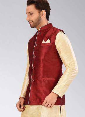 Red dupon art silk nehru jacket with pipepin work 3