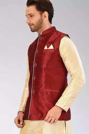 Red dupon art silk nehru jacket with pipepin work
