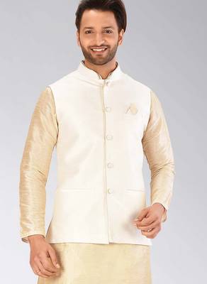 Cream dupon art silk nehru jacket with pipepin work 1