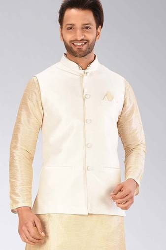 Cream dupon art silk nehru jacket with pipepin work