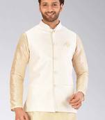 Cream dupon art silk nehru jacket with pipepin work