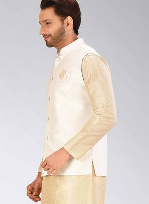 Cream dupon art silk nehru jacket with pipepin work 3