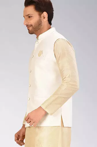 Cream dupon art silk nehru jacket with pipepin work