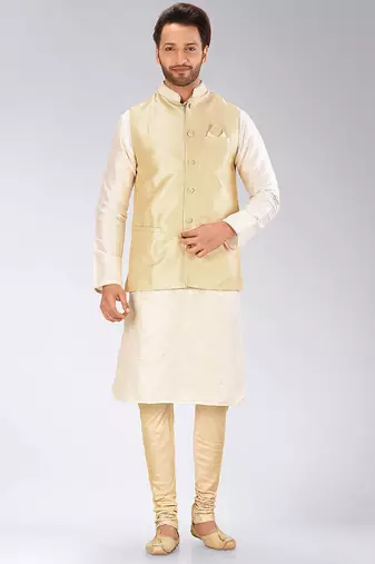 Fawn dupon art silk nehru jacket with pipepin work