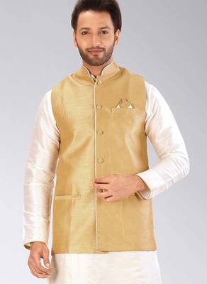Beige dupon art silk nehru jacket with pipepin work 1