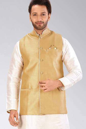 Beige dupon art silk nehru jacket with pipepin work