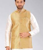 Beige dupon art silk nehru jacket with pipepin work