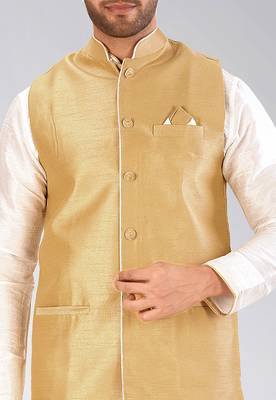 Beige dupon art silk nehru jacket with pipepin work 2