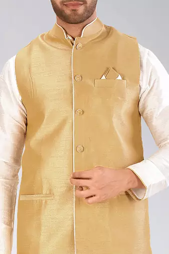 Beige dupon art silk nehru jacket with pipepin work