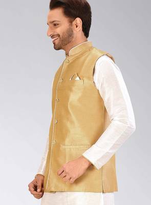 Beige dupon art silk nehru jacket with pipepin work 3