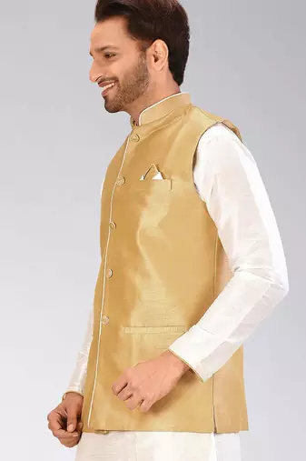 Beige dupon art silk nehru jacket with pipepin work