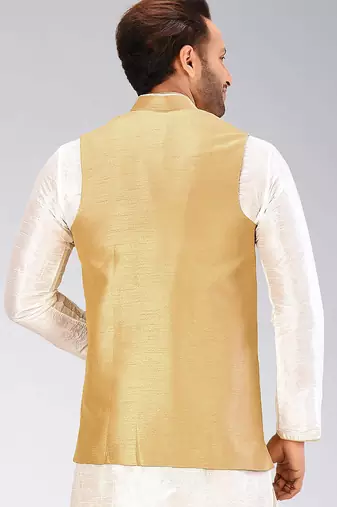 Beige dupon art silk nehru jacket with pipepin work