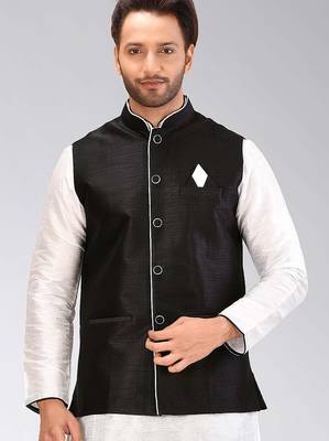 Black dupon art silk nehru jacket with pipepin work 1