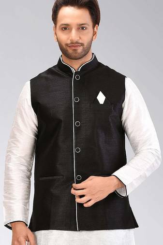 Black dupon art silk nehru jacket with pipepin work