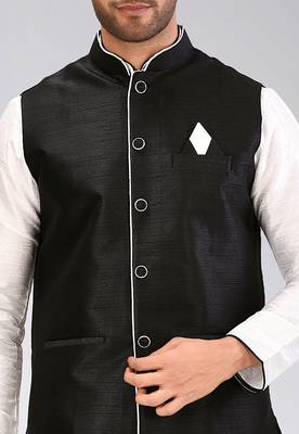 Black dupon art silk nehru jacket with pipepin work 2