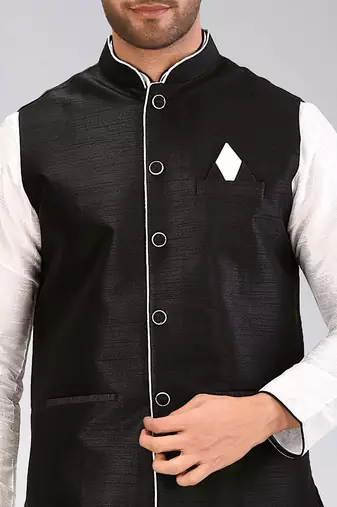 Black dupon art silk nehru jacket with pipepin work