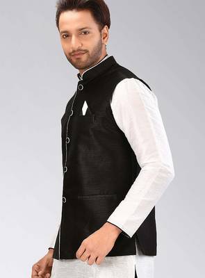 Black dupon art silk nehru jacket with pipepin work 3