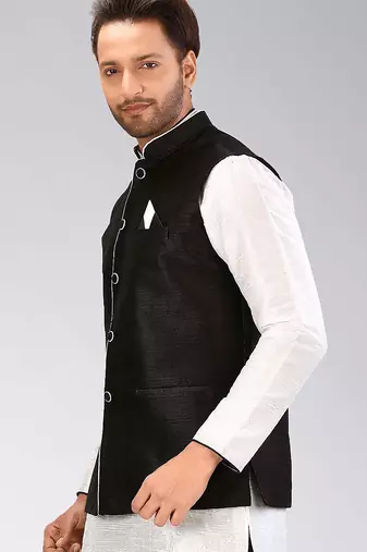 Black dupon art silk nehru jacket with pipepin work