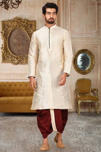 Cream dupon art silk kurta with pipepin work