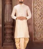 Cream dupon art silk kurta with pipepin work