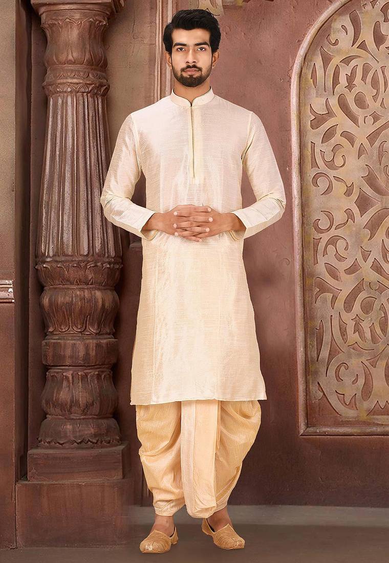 Cream dupon art silk kurta with pipepin work
