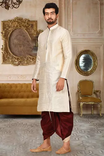 Cream dupon art silk kurta with pipepin work