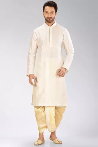 Cream dupon art silk kurta with pipepin work