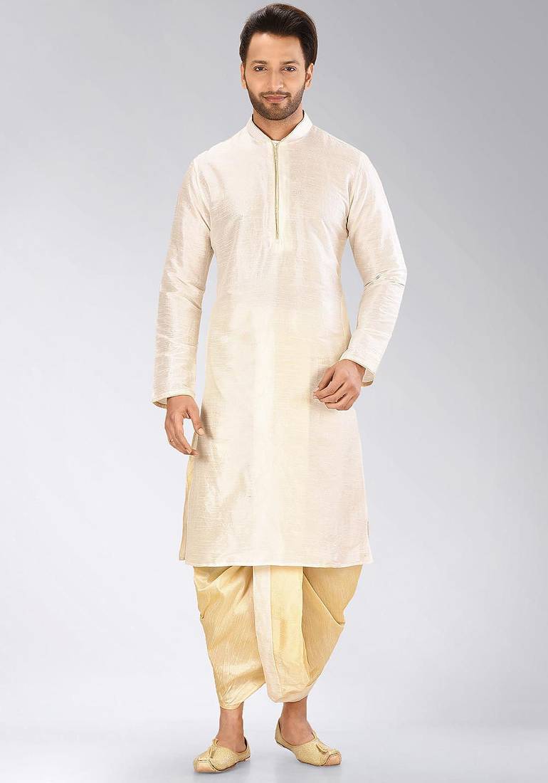 Cream dupon art silk kurta with pipepin work