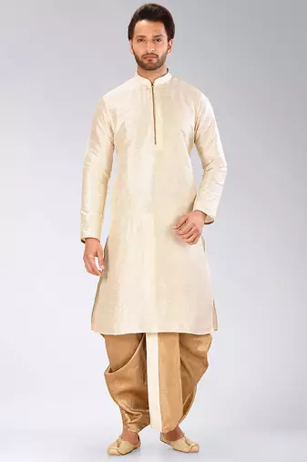 Cream dupon art silk kurta with pipepin work