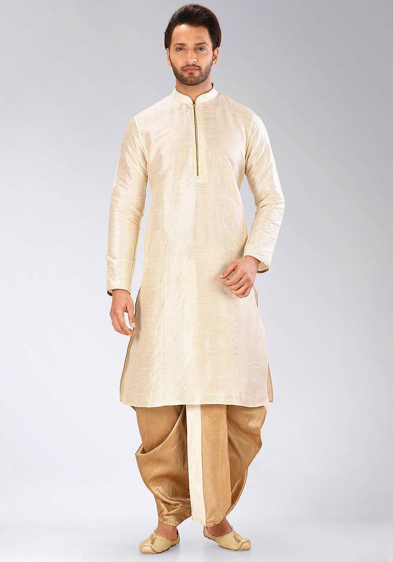 Cream dupon art silk kurta with pipepin work