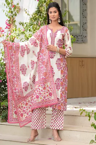 Cotton cream & pink printed kurta with pants & mul dupatta set of 3