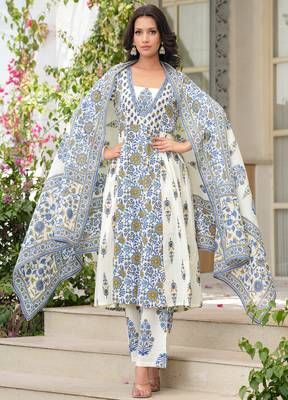 Cotton cream & blue printed anarkali kurta with pants & mul dupatta set of 3 1