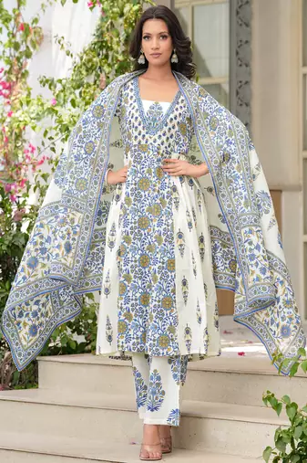 Cotton cream & blue printed anarkali kurta with pants & mul dupatta set of 3