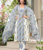 Cotton cream & blue printed anarkali kurta with pants & mul dupatta set of 3