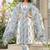 Cotton cream & blue printed anarkali kurta with pants & mul dupatta set of 3