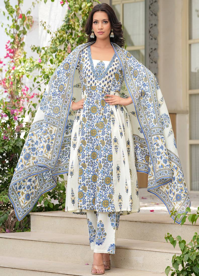Cotton cream & blue printed anarkali kurta with pants & mul dupatta set of 3