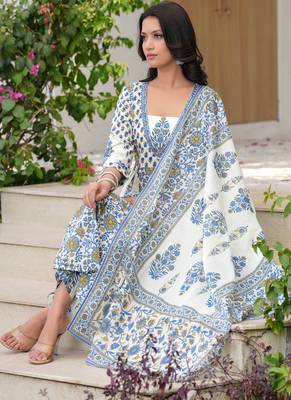 Cotton cream & blue printed anarkali kurta with pants & mul dupatta set of 3 2