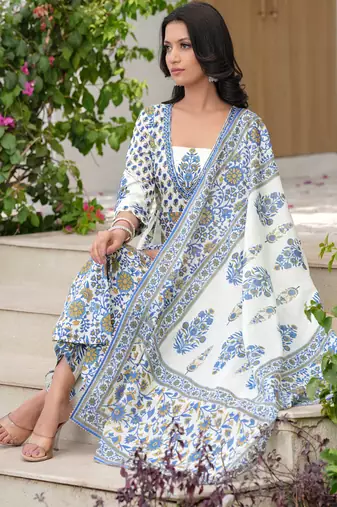 Cotton cream & blue printed anarkali kurta with pants & mul dupatta set of 3