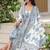 Cotton cream & blue printed anarkali kurta with pants & mul dupatta set of 3