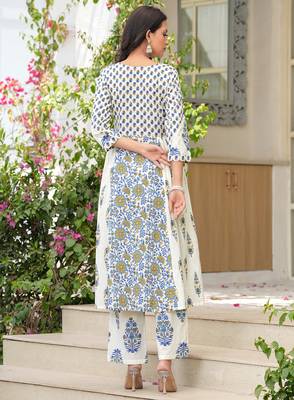 Cotton cream & blue printed anarkali kurta with pants & mul dupatta set of 3 3