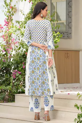 Cotton cream & blue printed anarkali kurta with pants & mul dupatta set of 3