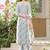 Cotton cream & blue printed anarkali kurta with pants & mul dupatta set of 3