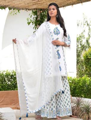 Cotton white & blue hand block print pintuck yoke kurta with sharara & mul dupatta set of 3 1