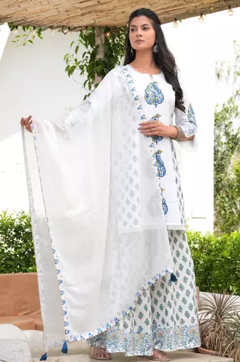 Cotton white & blue hand block print pintuck yoke kurta with sharara & mul dupatta set of 3