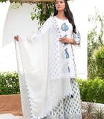 Cotton white & blue hand block print pintuck yoke kurta with sharara & mul dupatta set of 3