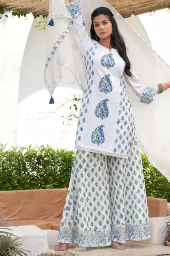 Cotton white & blue hand block print pintuck yoke kurta with sharara & mul dupatta set of 3