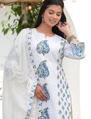 Cotton white & blue hand block print pintuck yoke kurta with sharara & mul dupatta set of 3 3